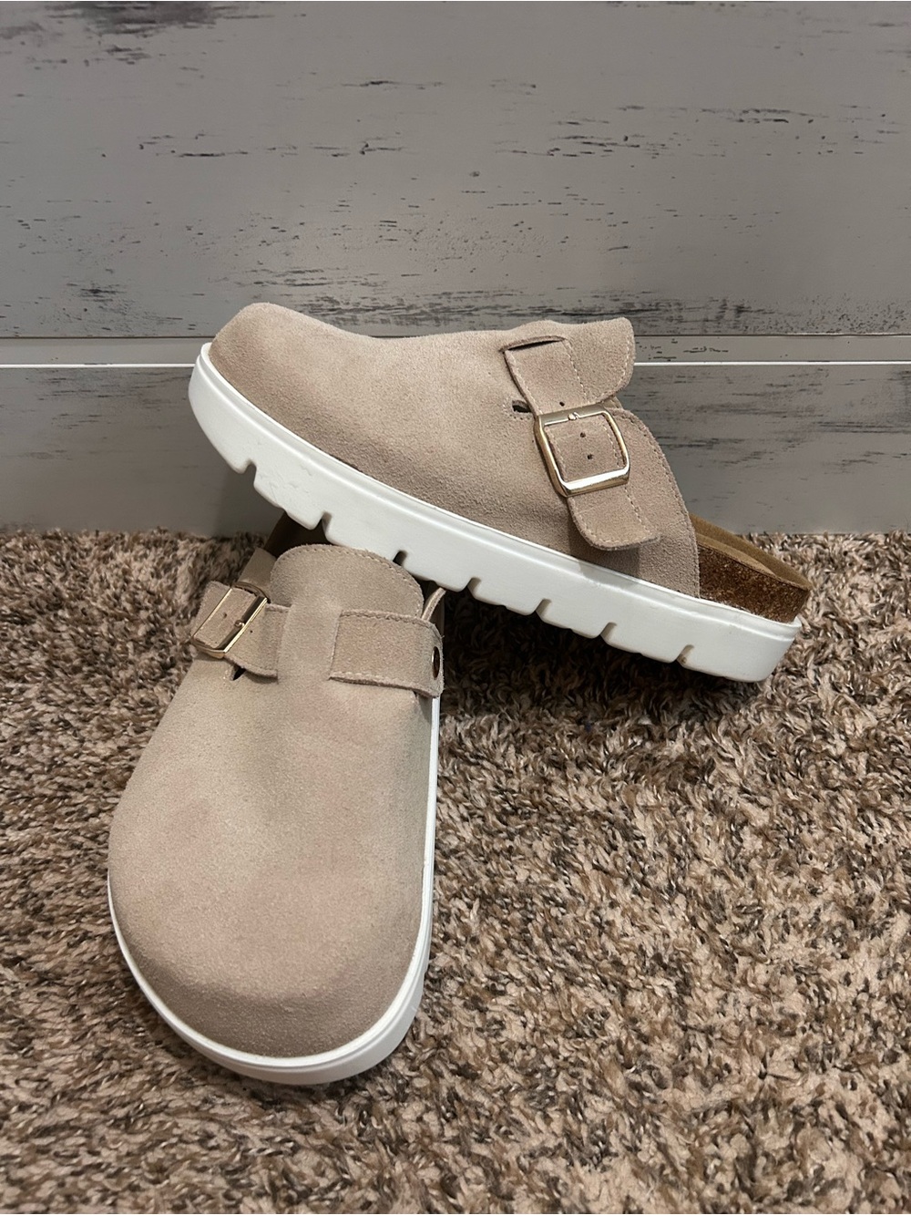Women’s Beige Suede Slip-On Clog with Buckle - Casual Comfort